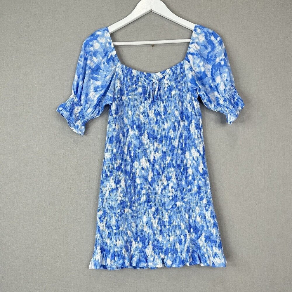 Faithfull The Brand Womens Dress 4 Blue Magnolia Tie Dye Smocked Coastal Resort